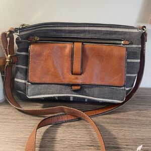 Fossil denim and leather crossbody bag